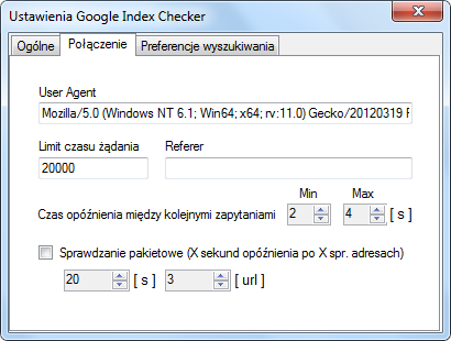 Google Index Checker - ustawienia połączenia