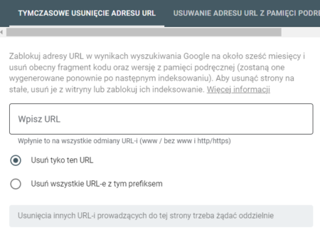 Opcja tymczasowego usunięcia adresu URL w GSC