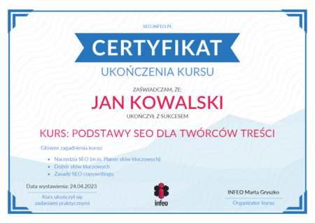 Certyfikat ukończenia kursu copywritingu: Podstawy SEO dla twórców treści